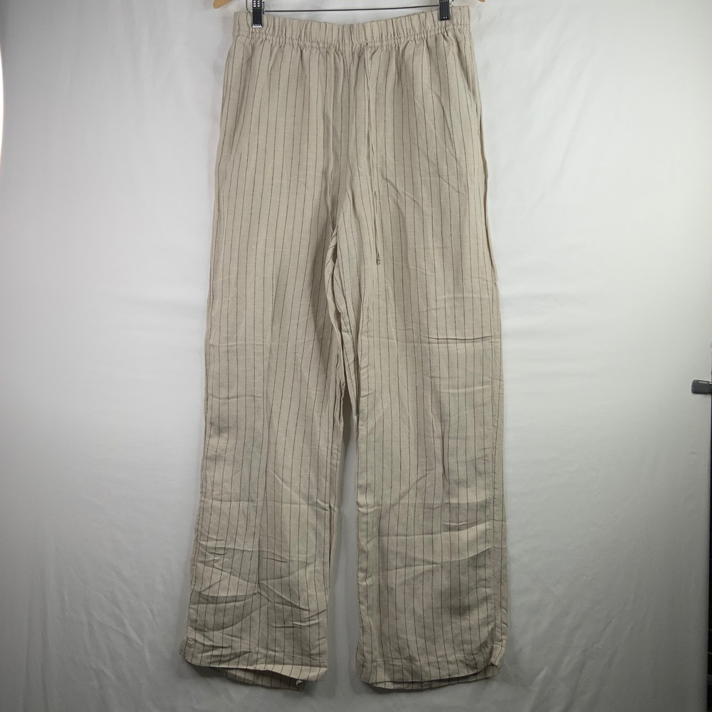 HM Linen Blend Pinstripe Wide Leg Drawstring Pants Beige Black Womens Medium